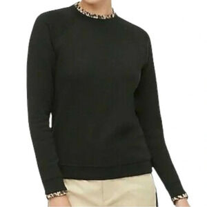 J. Crew Cheetah Print Woven Ruffle neck Pullover Black Sweatshirt Size Small